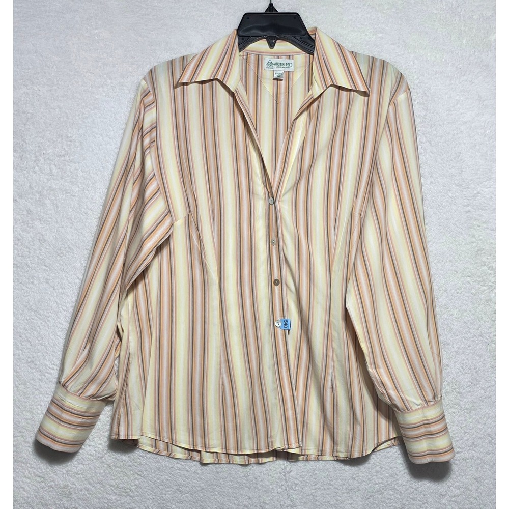 Austin Reed London Striped Button Down Blouse Orange Yellow Size 16 Tailored